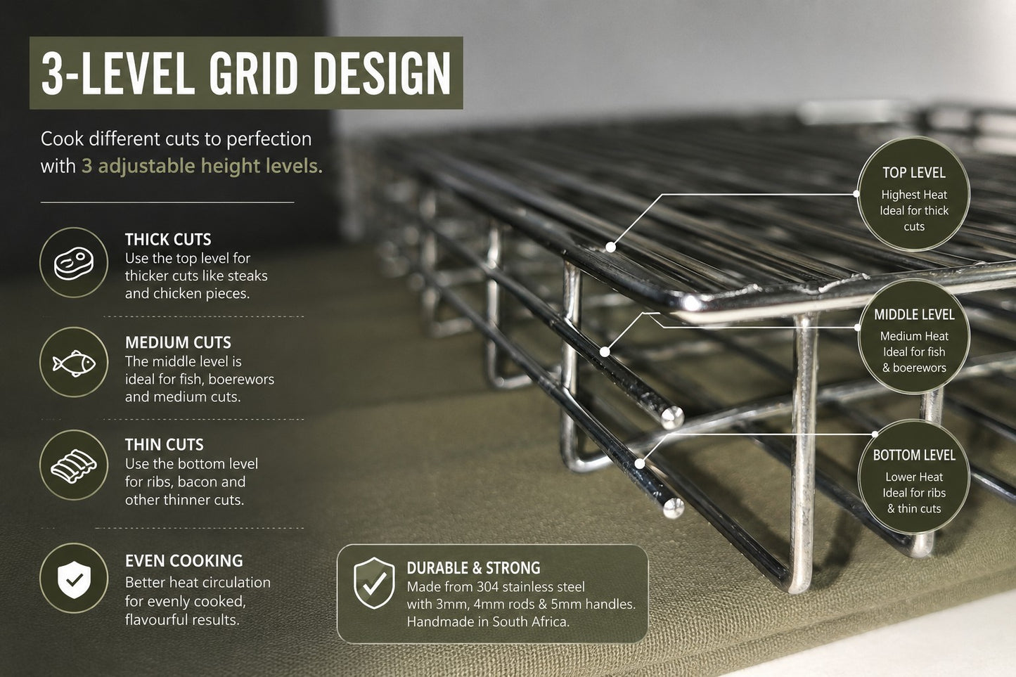CAM Braai Grid 45x45cm with Bag – 304 Stainless Steel
