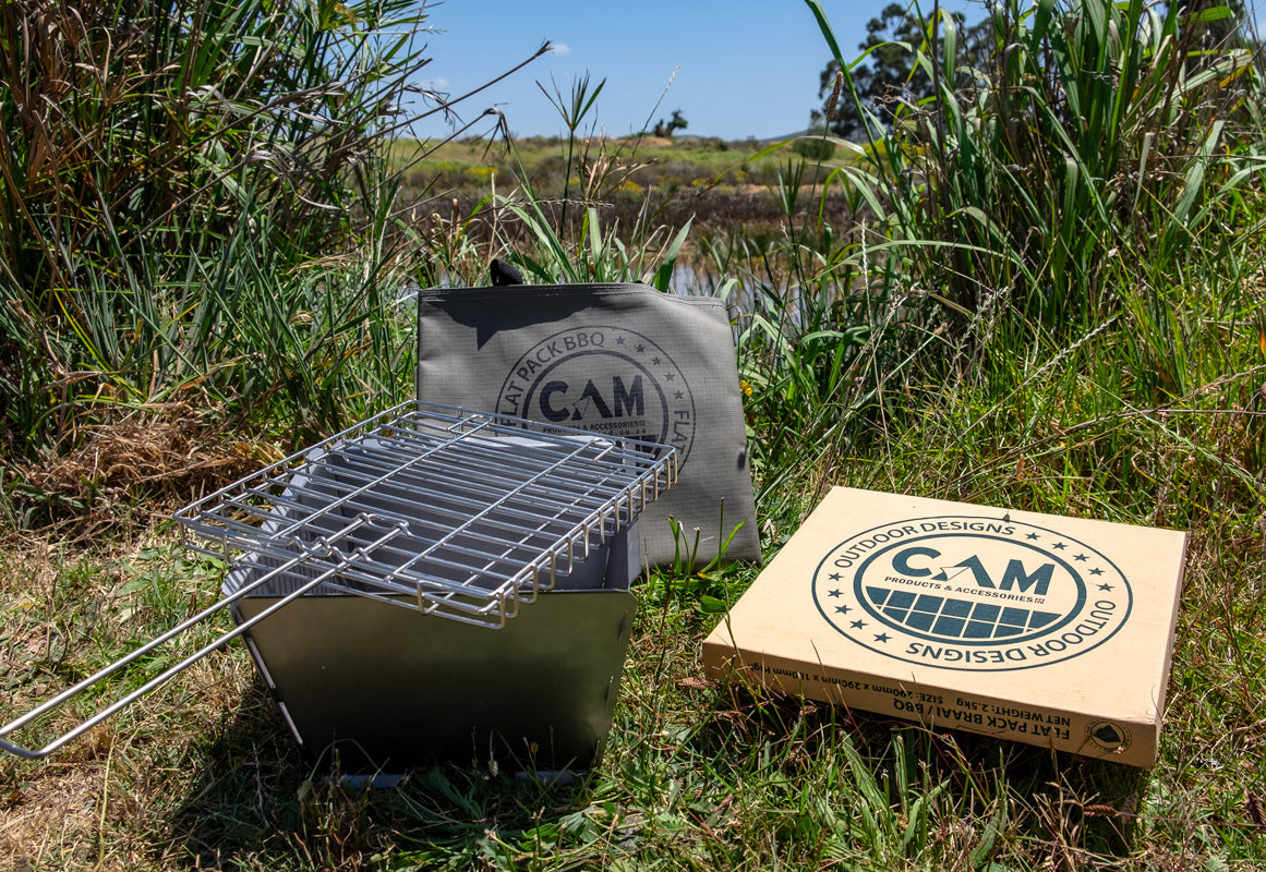 Flat Pack Biker Braai with Double Grid – in use at a campsite