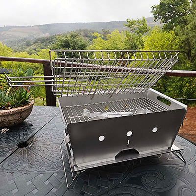 Flat Pack Deluxe Long Braai – folded flat for transport