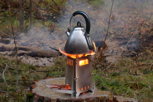 Flat Pack Rocket Stove – assembled stainless steel side view
