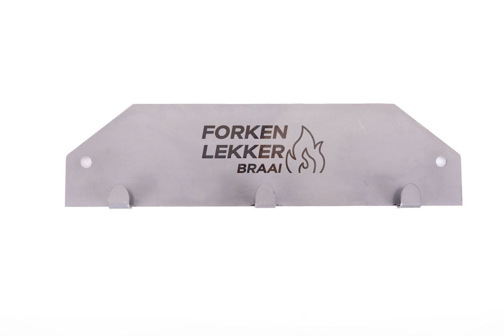 Forken Lekker Braai Wall Hanger 3 Hook – mounted on wall with tools hanging