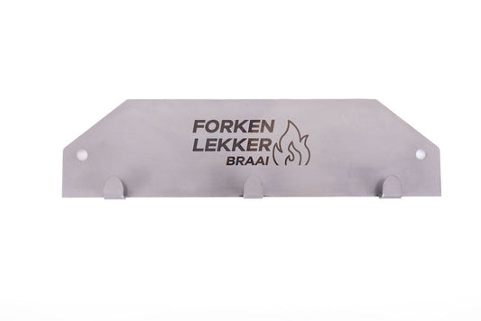 Forken Lekker Braai Wall Hanger 3 Hook – mounted on wall with tools hanging