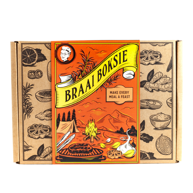 Funky Ouma Braai Sleeved Gift Box – box open showing braai spices
